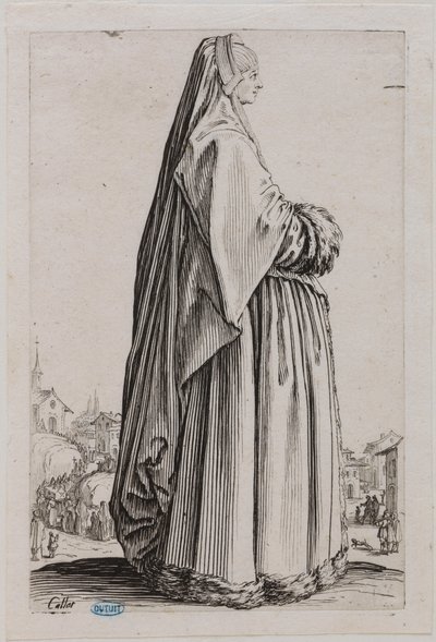 Der Adel, Die Dame mit einem großen Schleier und einem mit Pelz besetzten Kleid. Fünftes Stück einer Serie von 12 (Lieure 553, Meaume 679) von Jacques Callot