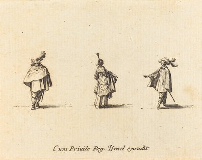 Dame mit hochgezogenem Kleid und zwei Herren von Jacques Callot