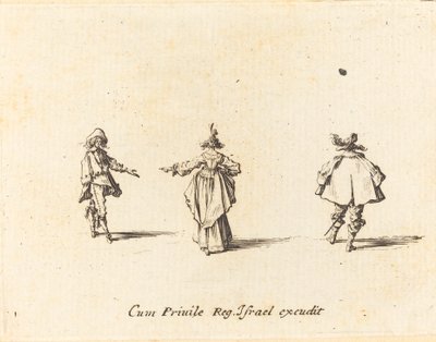 Dame mit ausgestrecktem Arm, von hinten gesehen, und zwei Herren von Jacques Callot
