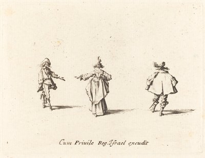 Dame mit ausgestrecktem Arm, von hinten gesehen, und zwei Herren von Jacques Callot