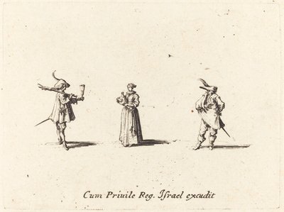 Dame mit Weinflasche und zwei Herren, wahrscheinlich 1634 von Jacques Callot
