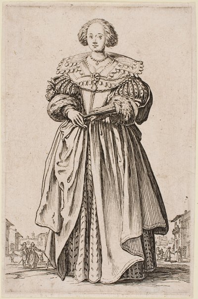 Dame mit einem Fächer, aus der Serie „Der Adel von Lothringen“ von Jacques Callot