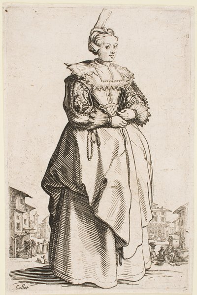 Dame mit erhobenem Hut, aus der Serie „Der Adel von Lothringen“ von Jacques Callot