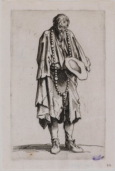 Les Gueux, Der Bettler mit dem Rosenkranz. Elfte Nummer einer Serie von 25 Stücken (Lieure 489, Meaume 695) von Jacques Callot
