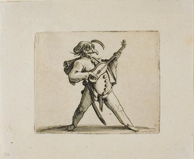 Maskierter Komiker spielt Gitarre, aus Varie Figure Gobbi von Jacques Callot