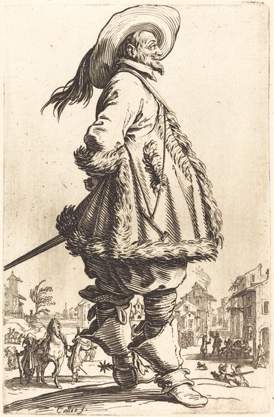 Edelmann mit Pelzbesetztem Mantel, der seine Hände hinter dem Rücken hält, ca. 1620-1623 von Jacques Callot
