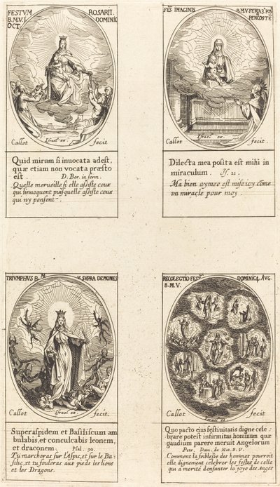 Unsere Liebe Frau vom Rosenkranz; Jungfrau und Kind erscheinen in einer Wolke; Triumphierende Jungfrau; Reu von Jacques Callot