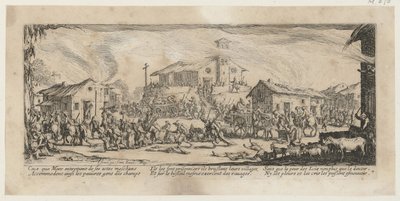 Plünderung und Niederbrennung eines Dorfes, Blatt 7 der Folge „Grauen des Krieges“ von Jacques Callot