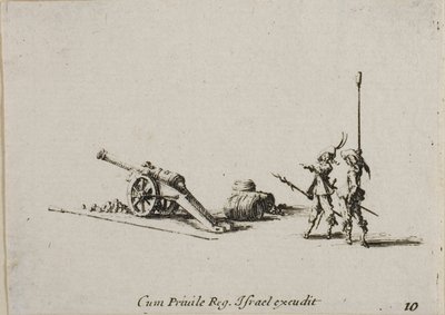 Vorbereitung zum Abfeuern der Kanone, Tafel zehn aus Die militärischen Übungen von Jacques Callot