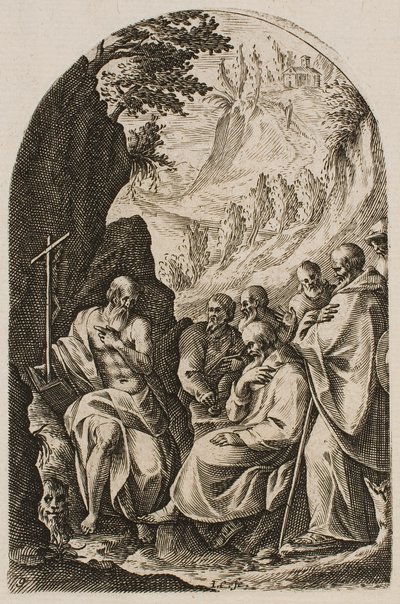 Der heilige Hieronymus unterweist seine Jünger in der Wüste, aus der Serie „Bilder von Rom“ von Jacques Callot