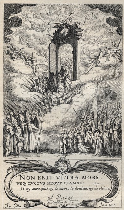 Heilige und Heilige, die an die Tür des Paradieses eilen - Komposition und Gravur von Jacques Callot (1592-1635) von Jacques Callot
