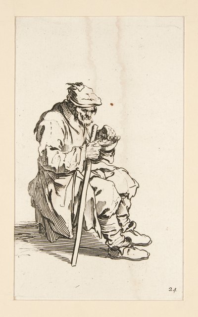 Sitzender Bettler, essend, aus Die Bettler (Le gueux assis et mangeant) von Jacques Callot