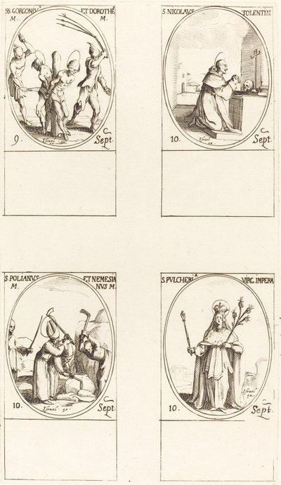 Die Heiligen Gorgonius und Dorothea; St. Nikolaus von Tolentino; St. Polianus und Nemesian; St. Pul von Jacques Callot