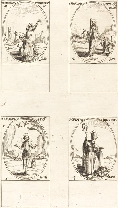 Hl. Pamphilius und Porphyrius; Hl. Blandina und Gefährten; Hl. Erasmus; Hl. Optatus von Jacques Callot