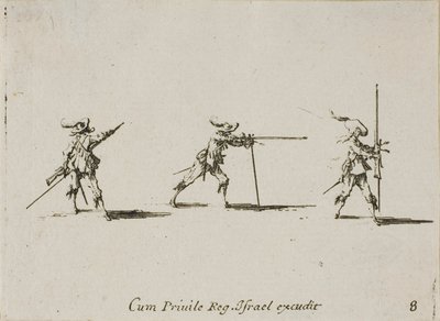 Einnehmen der Schussposition mit dem Musket, Tafel acht aus Die Militärübungen von Jacques Callot