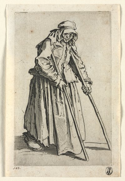 Die Bettler: Bettlerin auf Krücken, ca. 1623 von Jacques Callot