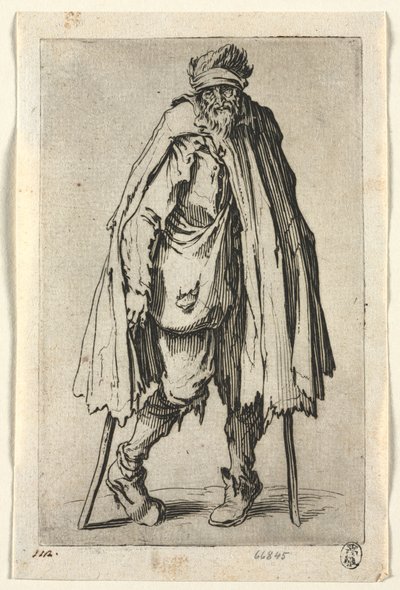 Die Bettler: Bettler auf Krücken mit einer Tasche, ca. 1623 von Jacques Callot