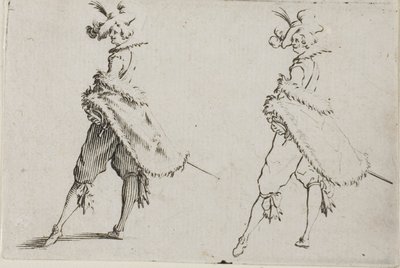 Der Herr mit einem Mantel, posierend mit Händen in den Hüften, aus Die Caprices von Jacques Callot