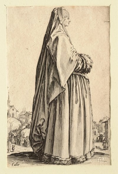 Die Dame mit einem großen Schleier und einem pelzbesetzten Kleid von Jacques Callot