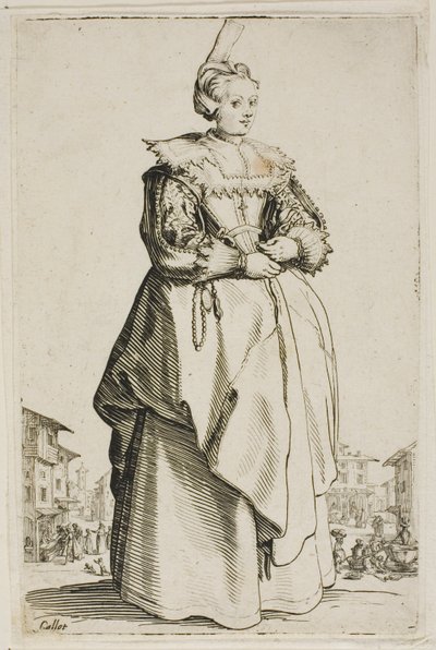 Die Dame mit der kleinen erhobenen Kappe, Platte eins aus La Noblesse von Jacques Callot