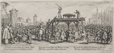 Die großen Elendnisse des Krieges: Hinrichtung auf dem Rad, 1633 von Jacques Callot