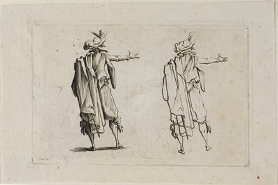 Der Mann von hinten gesehen, rechter Arm erhoben, aus Die Capricen von Jacques Callot