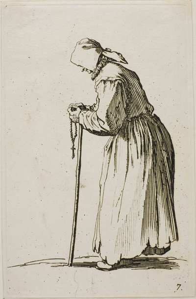 Bettlerin mit einem Rosenkranz, Platte sieben aus Die Bettler von Jacques Callot