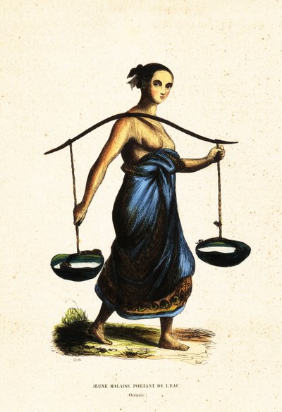 Junge malaiische Frau trägt Wassereimer mit einer Jochstange von Jacques Etienne Victor (after) Arago