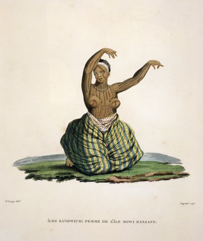 Tanzende Frau von der Insel Maui, auf den Hawaii-Inseln, graviert von Parfait Augrand (geb. 1782) von Jacques Etienne Victor Arago