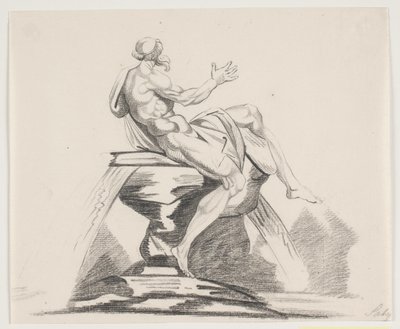 Männliche bärtige Figur mit Gewändern von hinten auf einem Brunnen gesehen von Jacques Francois Joseph Saly
