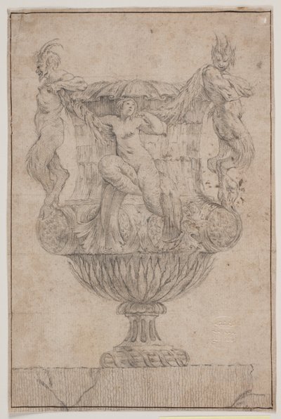 Prydvase mit Pan, Faun und Nymphe. Kopie nach Pl. 14 in der Suite der 1746 von Saly gezeichneten Vasen. "Vasa a se inventa..." von Jacques Francois Joseph Saly