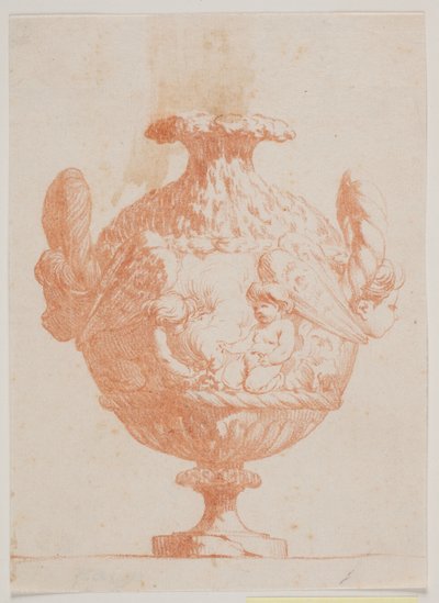 Zier-Vase mit zwei Köpfen und zwei Putti. Kopie nach Pl. 19 aus der Suite der 1746 von Saly gezeichneten Vasen. "Vasa a se inventa..." von Jacques Francois Joseph Saly