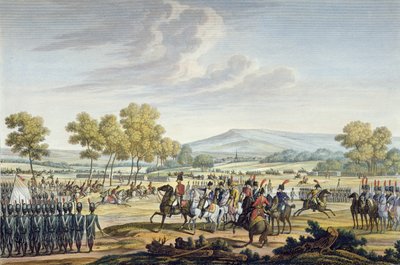 Die kaiserliche Garde manövriert in Anwesenheit der beiden Kaiser in Tilsit, 28. Juni 1807, graviert von Edme Bovinet (1767-1832) von Jacques Francois Joseph Swebach