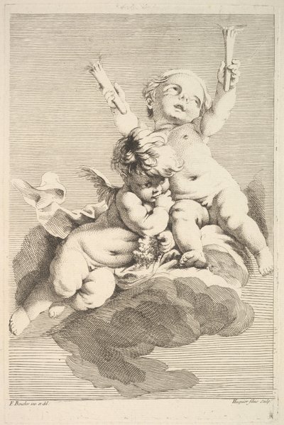 Zwei Cupidos, einer hält Fackeln, Mitte bis Ende des 18. Jahrhunderts von Jacques Gabriel Huquier