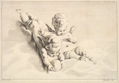 Zwei Cupidos, einer hält einen Ball von Jacques Gabriel Huquier