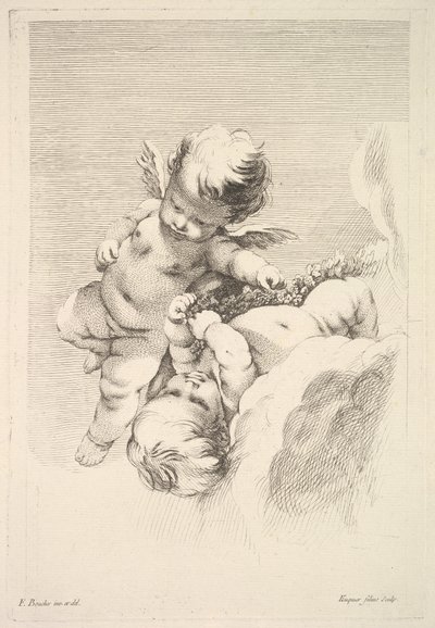 Zwei Cupidos, einer hält einen Kranz von Jacques Gabriel Huquier
