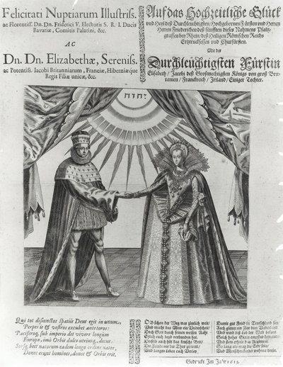 Ein Flugblatt zur Hochzeit von Friedrich V., Kurfürst von der Pfalz, und Prinzessin Elisabeth von England, 1613 von Jacques Granthomme