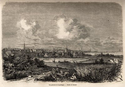 Gesamtansicht von Kopenhagen, Zeichnung von Jacques Guiaud (1810-1876), zur Illustration der Reise von J.M.Dargaud nach Dänemark (1800-1860) im Jahr 1860. Gravur in „Le tour du monde“, herausgegeben von Edouard Charton. von Jacques Guiaud
