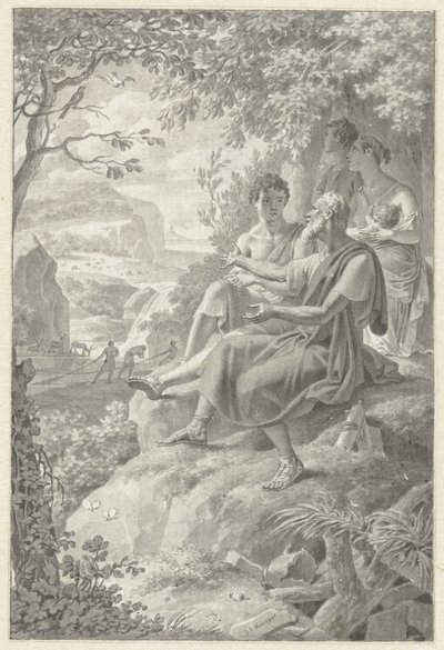 Entwurf für eine Buchillustration mit einem alten Erzähler, einer jungen Familie und verschiedenen Tieren von Jacques Kuyper