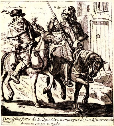 Don Quichotte auf Rossinante, begleitet von Sancho Panca auf seinem Esel Grison, um 1640 (Illustration) von Jacques Lagniet