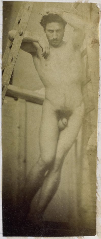 Studie eines männlichen Aktmodells, hängend in einem Holzgestell, im Atelier von Jacques de Lalaing von Jacques Lalaing (attributed to)