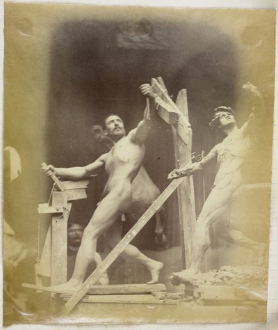 Studie eines männlichen Aktmodells mit der Hand in einem Gestell, von der Seite gesehen und neben einem Gipsmodell in derselben Pose, im Atelier von Jacques de Lalaing von Jacques Lalaing (attributed to)