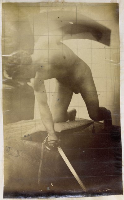 Studie eines männlichen Aktmodells, kniend mit Schwert und Schild in den Händen, im Atelier von Jacques de Lalaing von Jacques Lalaing (attributed to)