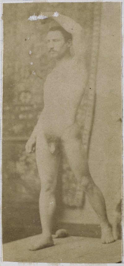 Studie eines männlichen Aktmodells, aufrecht stehend und schräg von vorne gesehen, im Atelier von Jacques de Lalaing von Jacques Lalaing (attributed to)