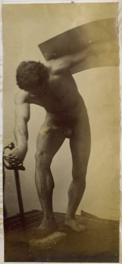 Studie eines männlichen Aktmodells, stehend gebeugt mit Schwert und Schild in den Händen, im Atelier von Jacques de Lalaing von Jacques Lalaing (attributed to)