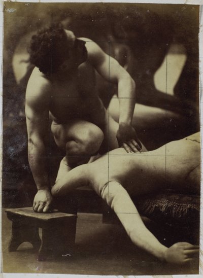 Studie eines männlichen Aktmodells, das mit einer Gliederpuppe ringt, im Atelier von Jacques de Lalaing von Jacques Lalaing (attributed to)