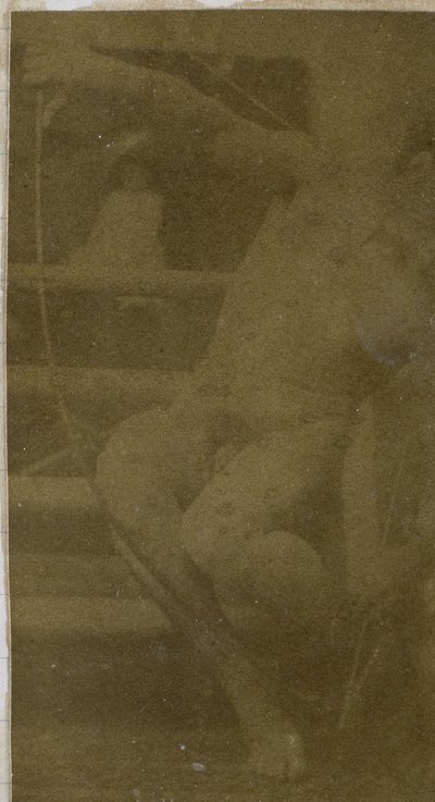 Studie eines männlichen Aktmodells, sitzend auf einer Treppe, von vorne gesehen mit Seil und Bogen auf dem Schoß, im Atelier von Jacques de Lalaing von Jacques Lalaing (attributed to)