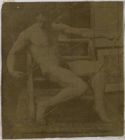 Studie eines männlichen Aktmodells, sitzend auf einer Treppe, von vorne gesehen mit Seil und Bogen auf dem Schoß, im Atelier von Jacques de Lalaing von Jacques Lalaing (attributed to)