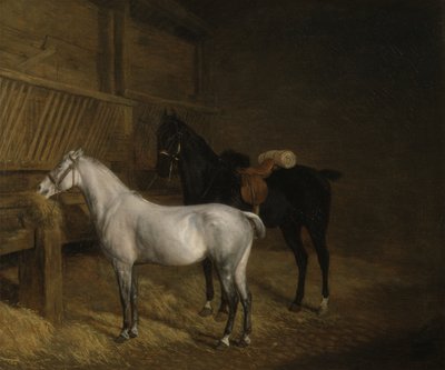 Ein graues Pony und ein schwarzer Charger in einem Stall von Jacques Laurent Agasse