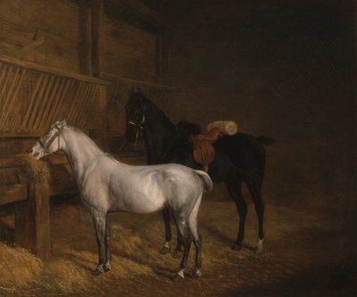 Ein graues Pony und ein schwarzer Charger in einem Stall von Jacques Laurent Agasse